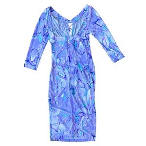 Dolce Dolce Blue Lavender Marble Print Midi Dress